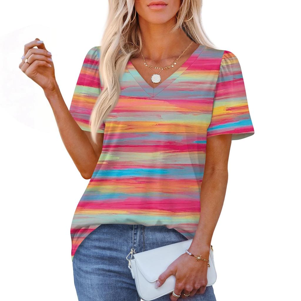 Women's Fashionable Casual Short Sleeve Print V-Neck Pullover Top