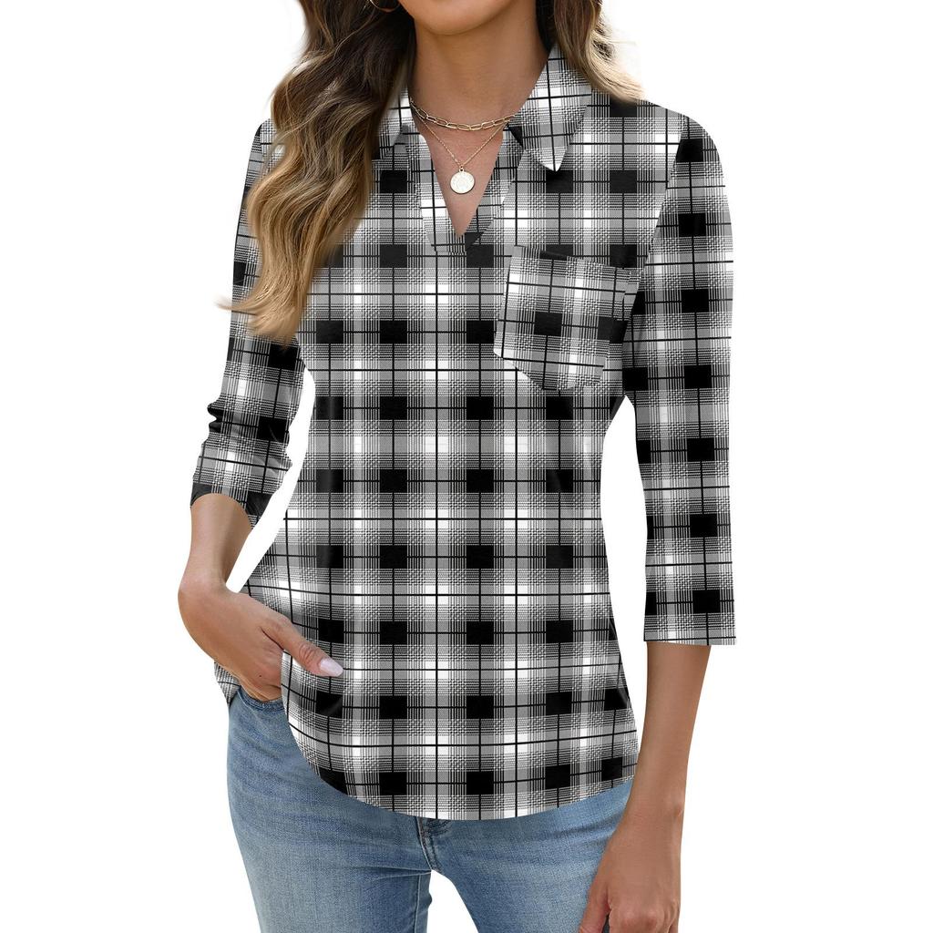 Women's Fashion Casual Lapel Short 3/4 Sleeve Print Shirt Women's Up Tops