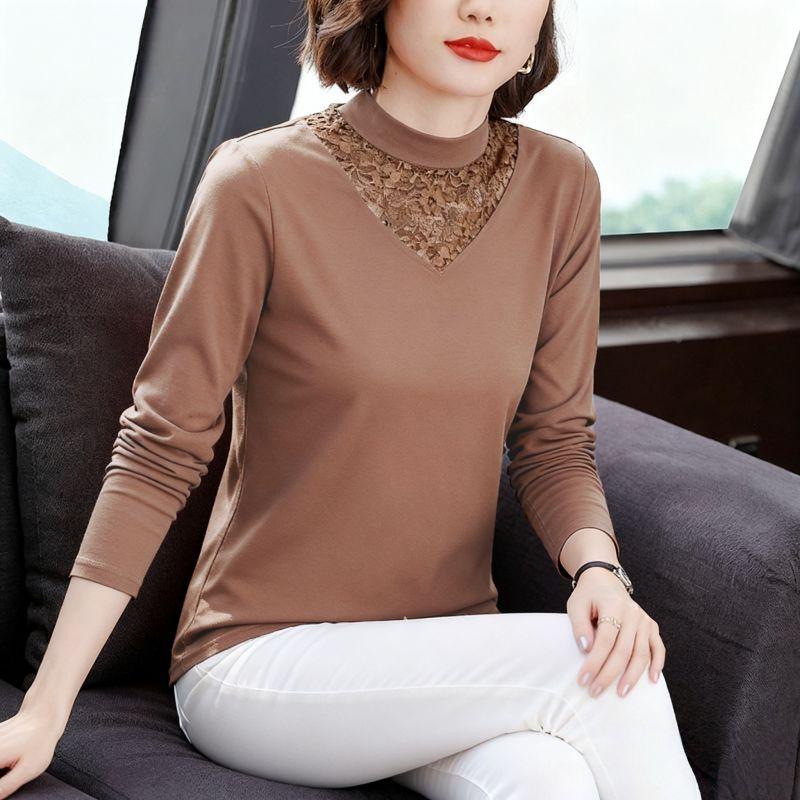 

Pure Cotton Half-Turtleneck Lace Base Shirt for Women, New Spring, Autumn, and Winter Style, Fleece-Lined Long-Sleeve Slim-Fit Inner Top, Trendy Khaki M