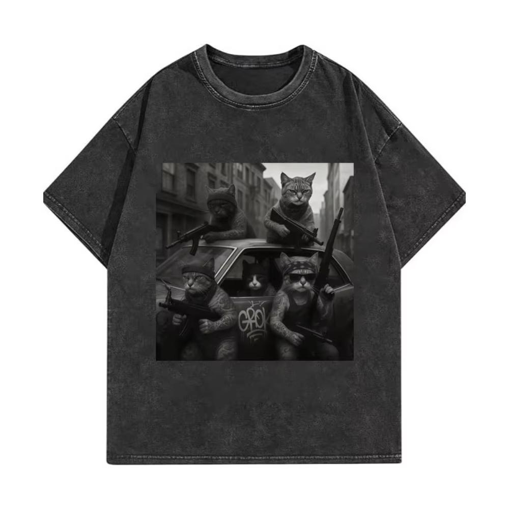 Lustige Katzenbande Meme Grafik T-Shirts Herren Damen Mode Vintage Gewaschene T-Shirts Sommer Hohe Qualität Baumwolle Übergroße T-Shirts