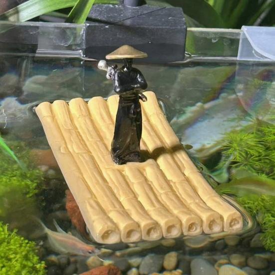 Figurine Épéiste Flottant Décoration d'Aquarium Épéiste Imperméable sur Bambou Décor de Bureau d'Aquarium Statue de Radeau pour