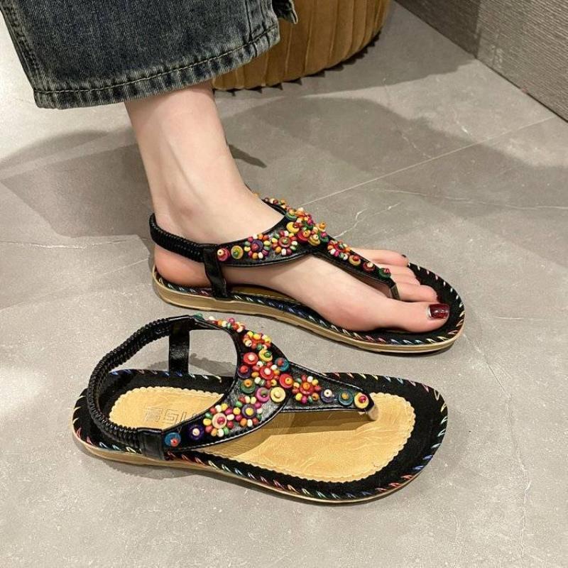 Bohemia Sandals for Women Beach One Word Woman Shoes Flat Rubber Summer 2025 Comfortable Wholesale Shoe Luxury Designer Trending