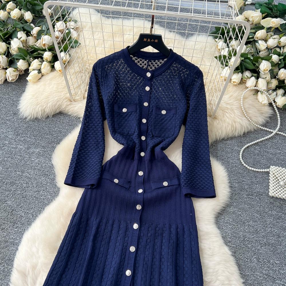 Autumn Winter Women Elegant SP Hollow Out Knitted Sweater Long Midi Christmas Party Split Dresses