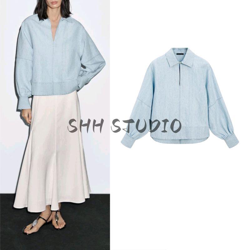 MD Autumn New Women Clothes Casual Minimalist Temperament Pullover Denim Long Sleeve Shirts Top 5115800