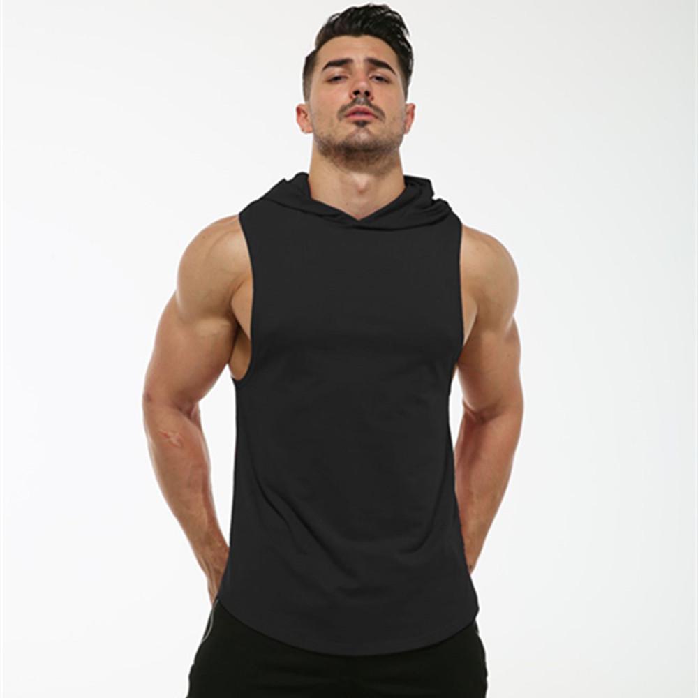 Men's Sleeveless Hooded Fitness Sweatshirt with Elastic Round Hem