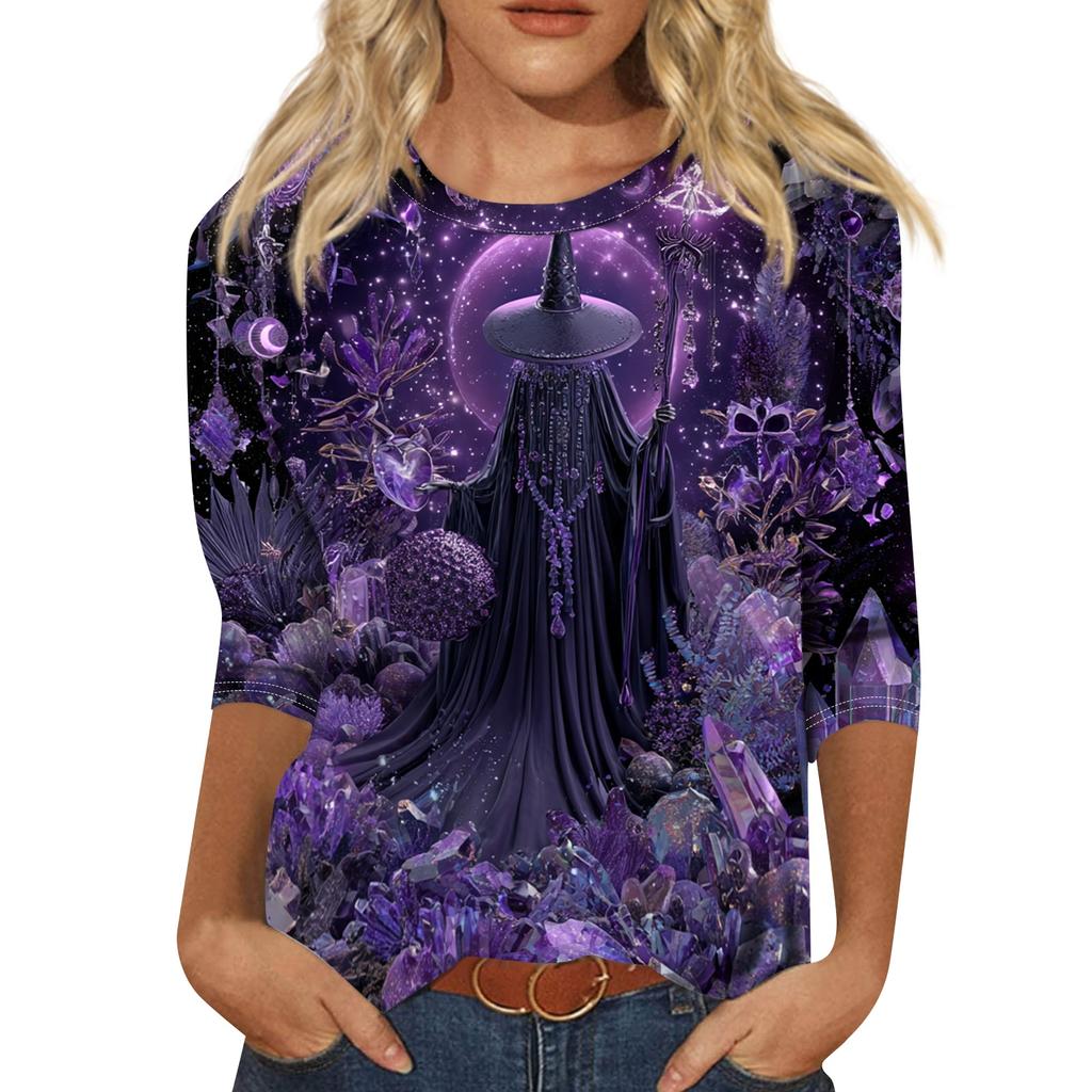 Womens Casual Halloween Print Crewneck Three Quarter Sleeve T Shirt Top Loose Fit Soft Material Comfortable Style