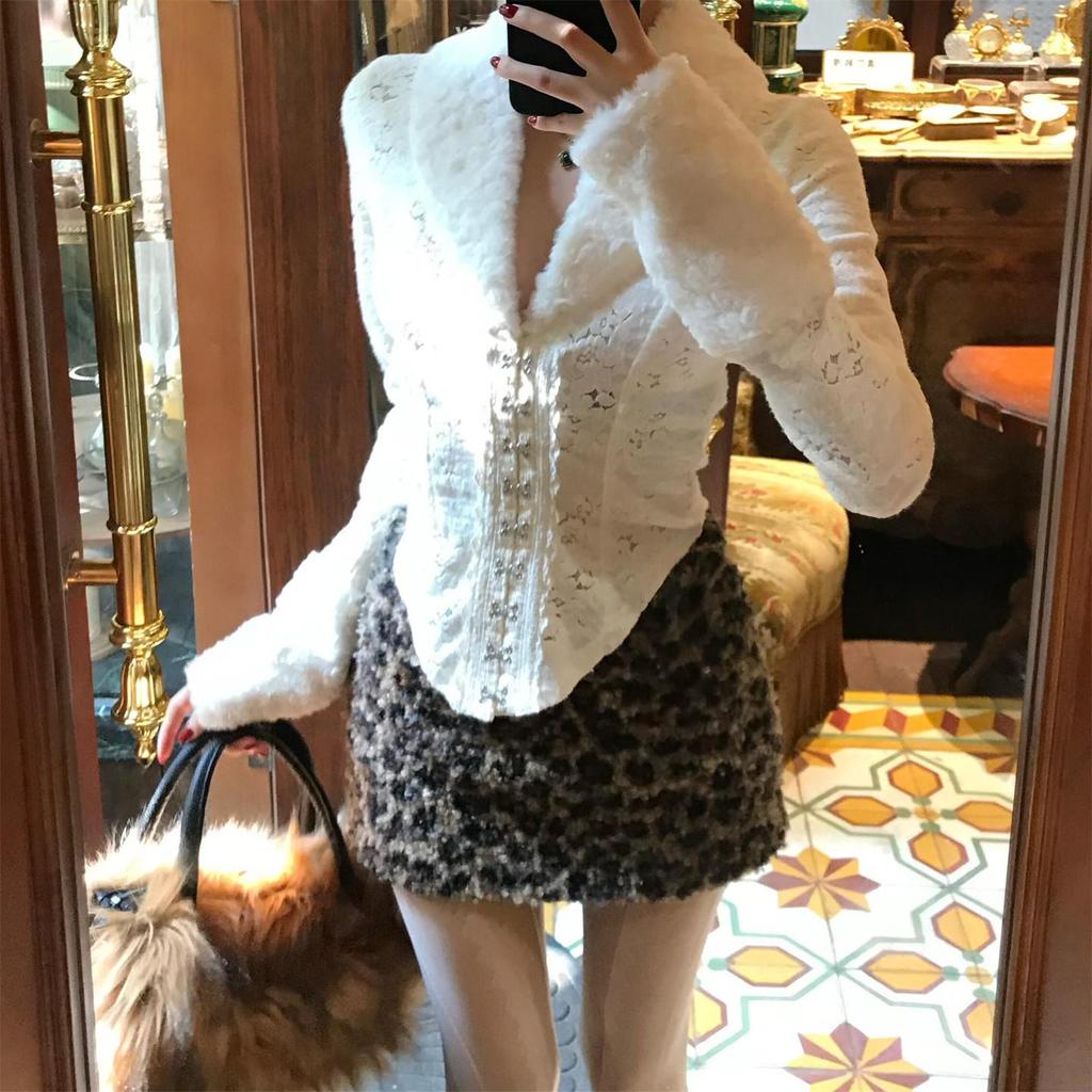 Plus Size Women's Leopard Print Vintage Lambswool Bodycon Skirt for Spring/Autumn 2026 - Slim Fit, Hot New Style