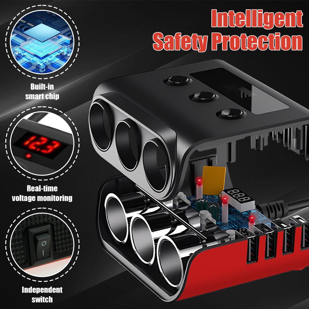 Car Cigarette Lighter Adapter USB Car Charger with 3 Way Splitter and 4 USB Ports 100W 12 V/24 V Car Socket with LED Voltmeter