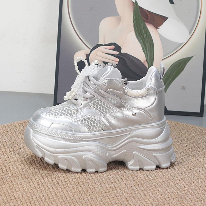 Fashion 11CM  Air Mesh Microfiber Leather High Brand Comfy Chunky Sneaker Lace Up Shoes Sandals Women Platform Wedge Fashion Summer