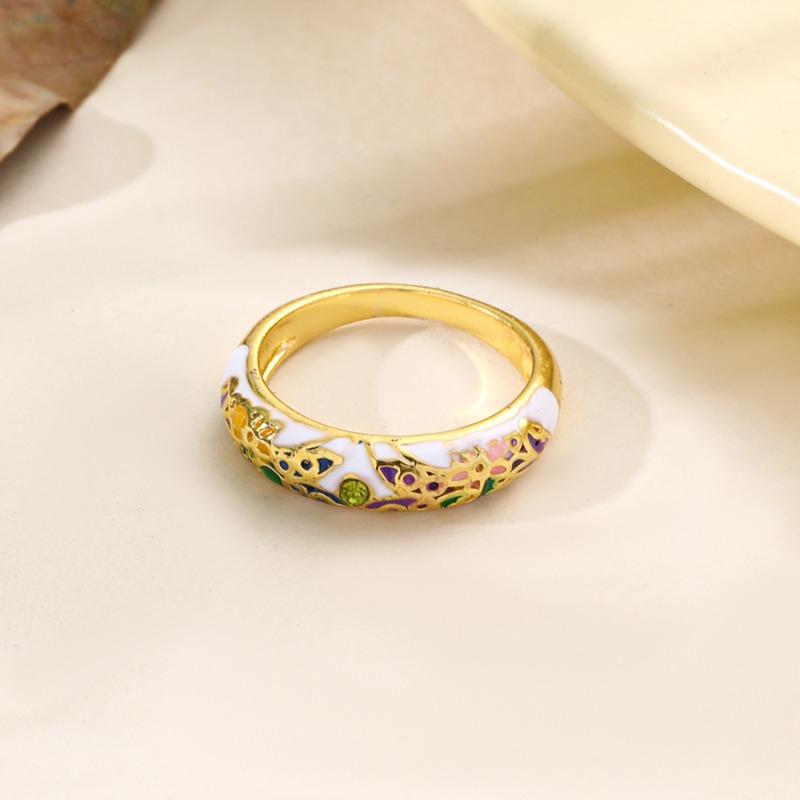 Huajie Elegant Colorful Enamel Floral Rings for Women Inlaid Zircon Golden Piping Banquet Accessories