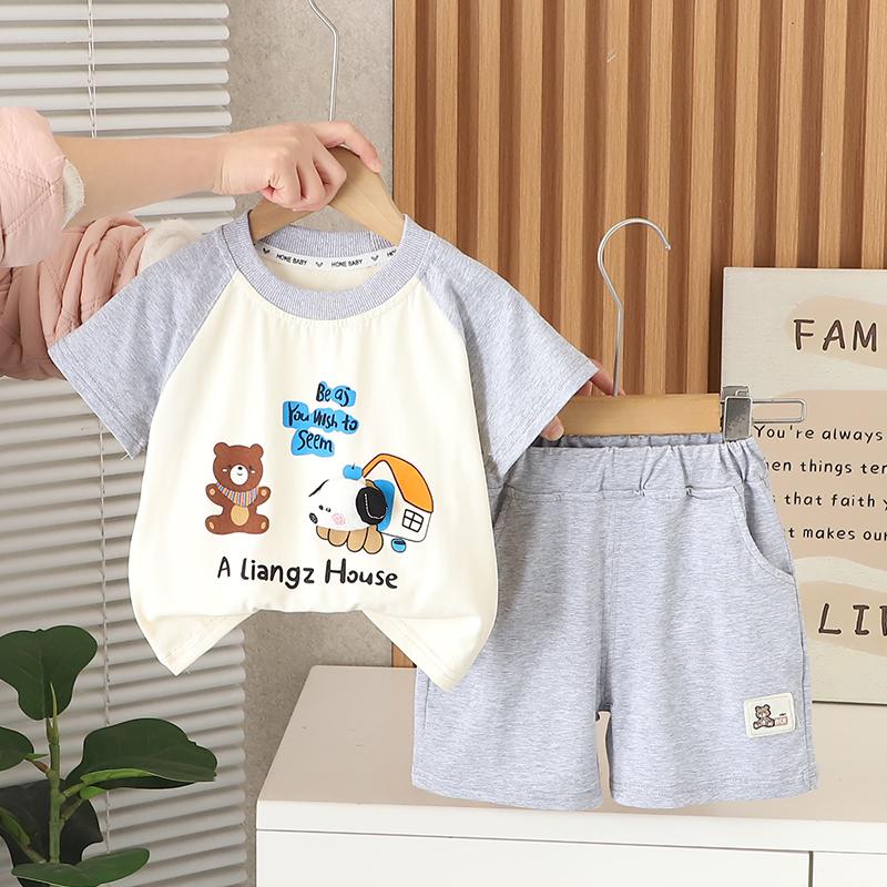 

Комплект с короткими рукавами для мальчиков от 0 до 5 лет, детская спортивная одежда с рисунком из мультфильмов, повседневный и модный комплект из двух предметов S серый