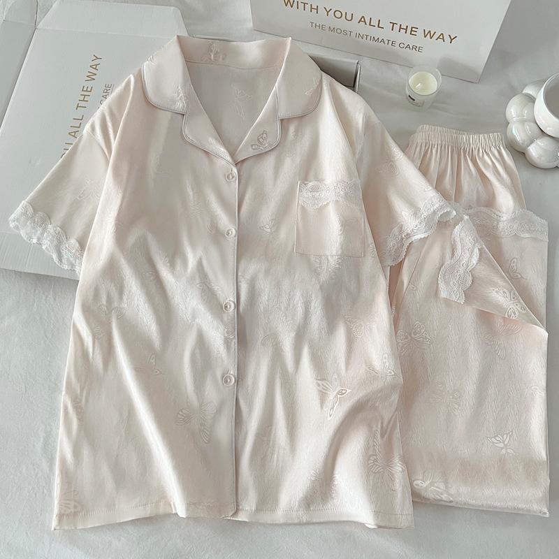 Summer Ice Silk Short-Sleeved Pajamas Female Sweet Fairy Wind Butterfly Thin Silk Loungewear Two-Piece Set