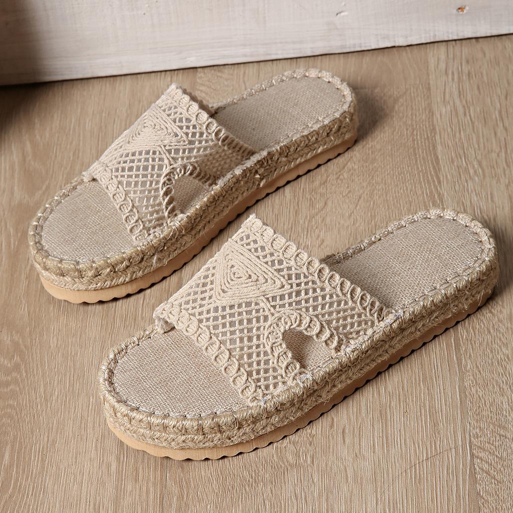 Fashion Natural Straw Crochet Net Slide Sandal Woman Vintage Espadrille Mule Ladies Thick Sole Linen Canvas Slipper Summer Vacation Shoe