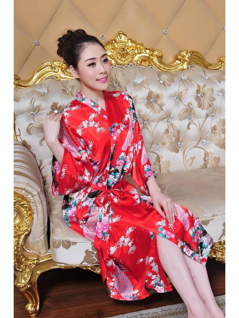 Women's Summer Peacock Pajamas Bathrobe - Thin Imitation Silk Long Tie Cardigan