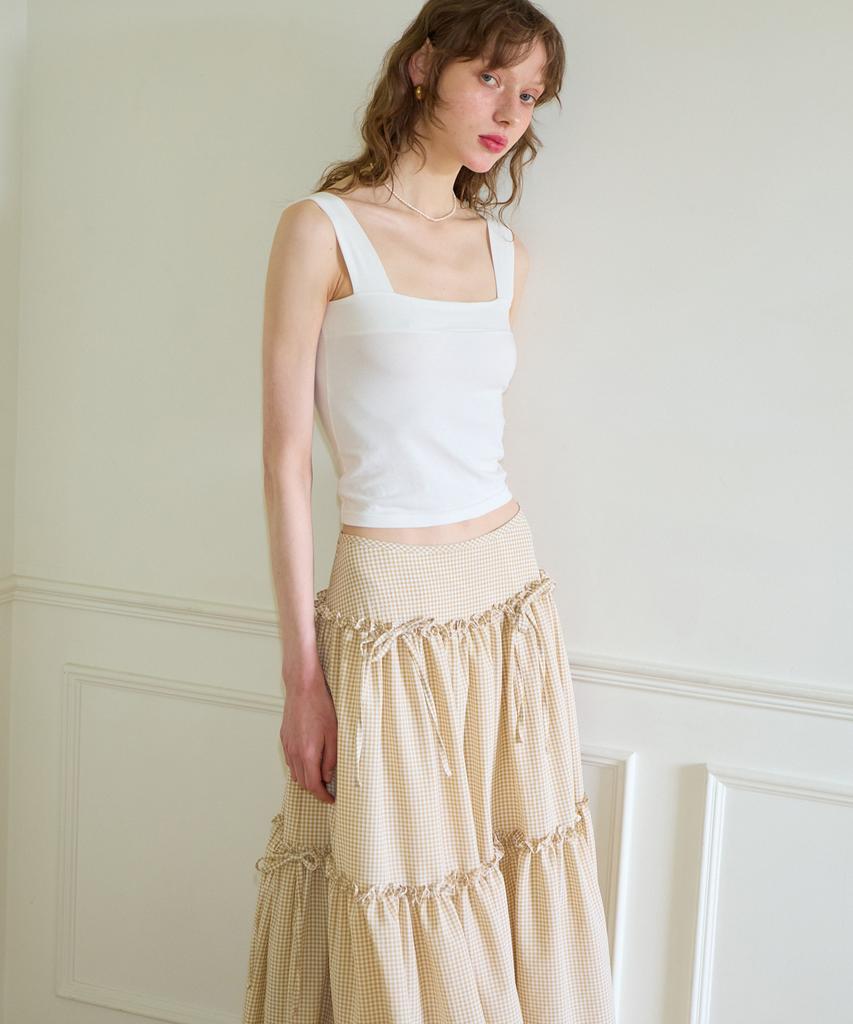Salon De Yon Ribbon Shirring Gingham Check Maxi Skirt_ Beige