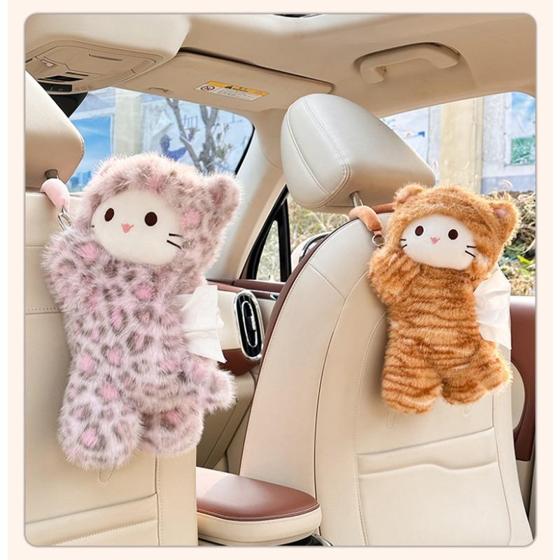 Leopard Print Cat Plush Hanging Car Tissue Box Cute Car Tissue Holder