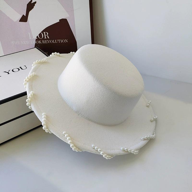 202510-shi INS CHIC autumn polyester Hand-sewn pearl lady fedoras cap women leisure panama jazz hat