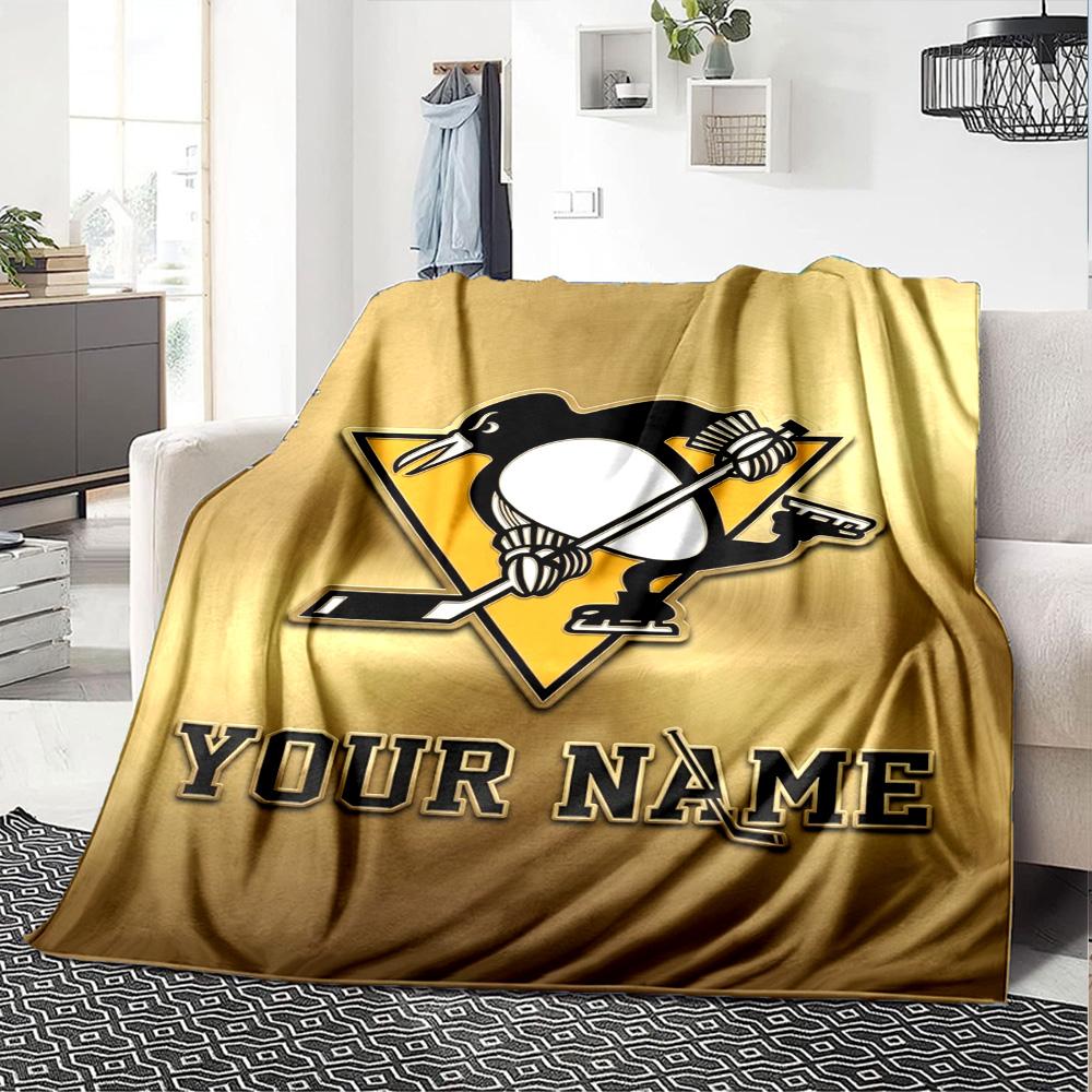 Name Custom Pittsburgh Penguins Logo Print Flannel Blanket High Quality Warm Comfortable Cover for All Seasons Perfect for Gifts Home Decor