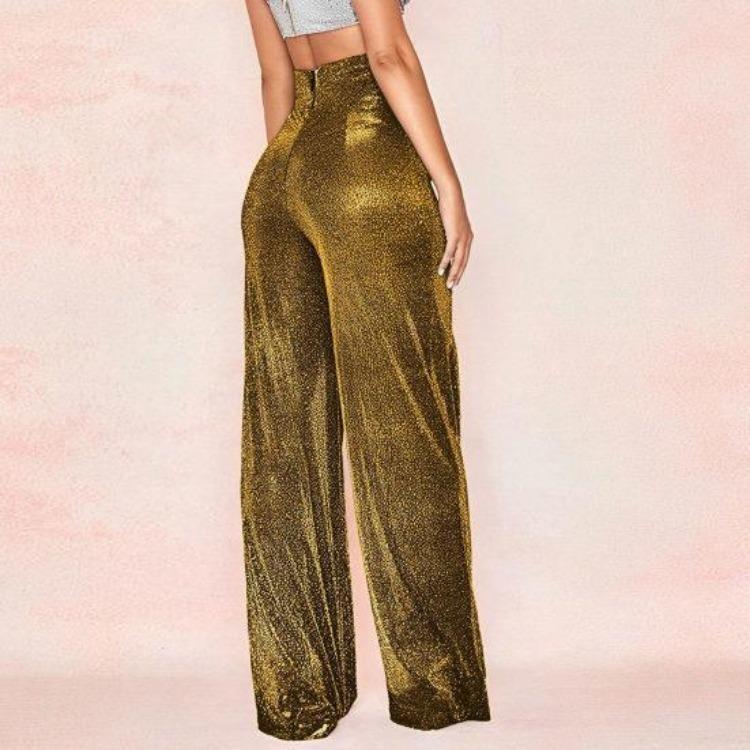 Damskie Modne Spodnie z Wysokim Stanem Szerokimi Nogawkami Błyszczące Luźne Proste Spodnie Wygodne do Codziennego Noszenia Jednokolorowe Temperament Wiosna Jesień
