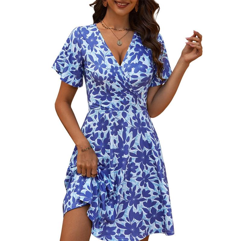 Womens Sundress Summer Floral Short Sleeve Wrap V Neck A-Line Midi Dress