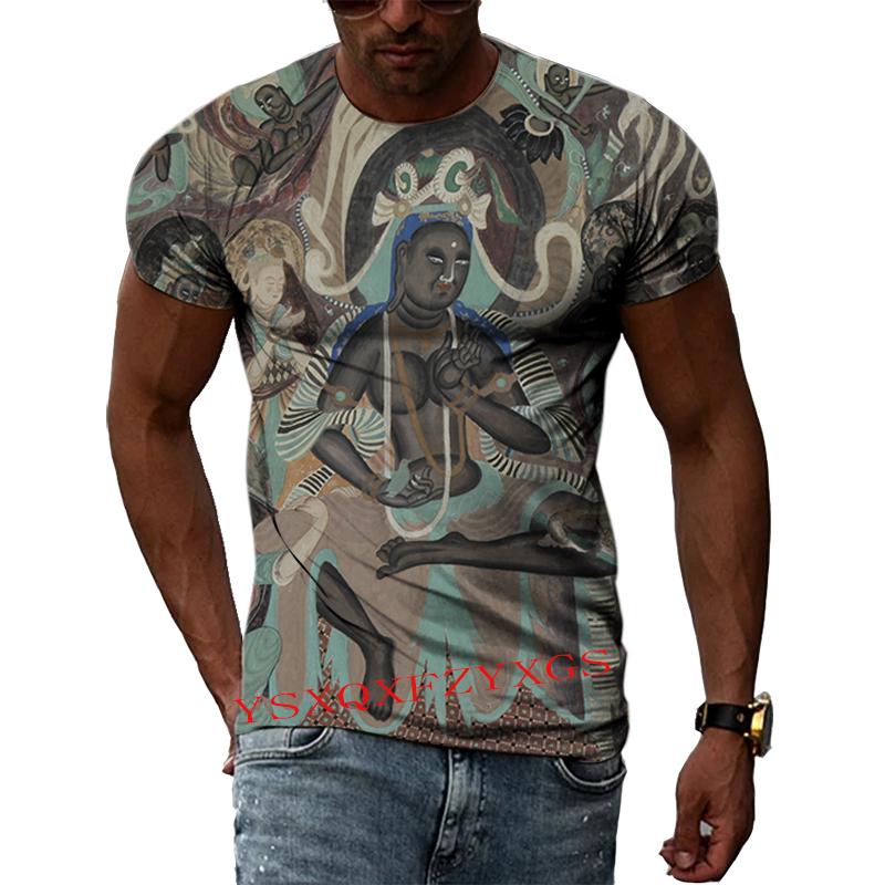 China Dunhuang Mural Art 3D Harajuku Printed Men's And Women's Summer Short-Sleeved Round Neck Literary Fashion T-shirt Top