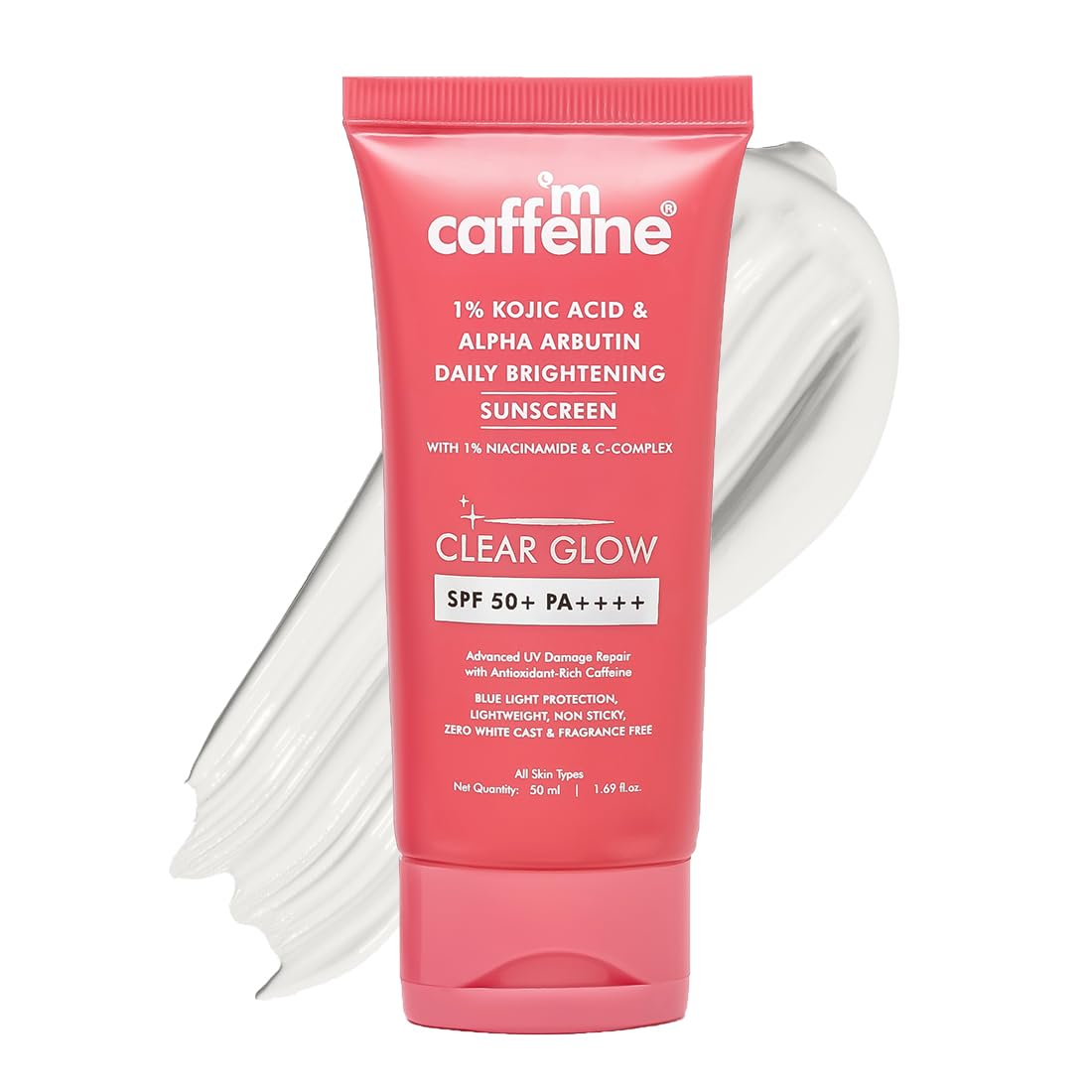 

mCaffeine Clear Glow Brightening Sunscreen SPF 50 PA++++ Blue Light Protection Even Look Skin All Types Daily 50 ml