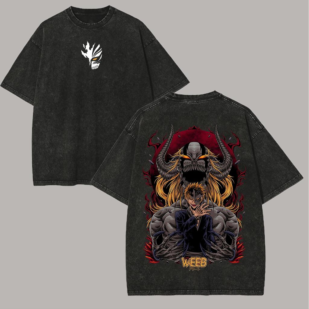 BLEACH Printed Washed Oversized Men Women T Shirt Vintage Street Cotton T-shirt Short Sleeve Clothing Casual Streetwear Loose Female Male Clothing 