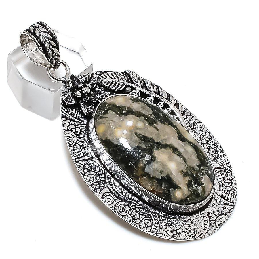 Natural Ocean Jasper Gemstone Handmade 925 Sterling Silver Pendant 2.80" D1A43