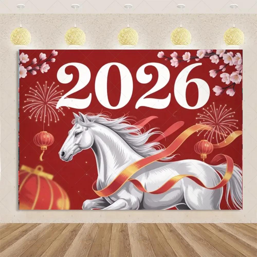 VIKAMA 2026 Spring Festival Backdrop Year Of The Horse Golden Lion Dance Theme Spring Festival Party Decorations