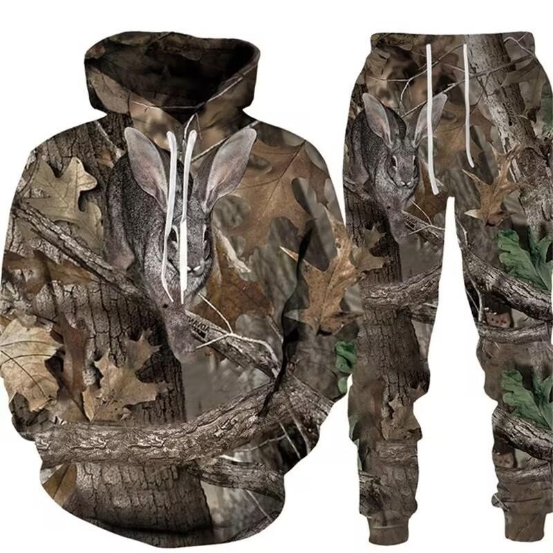 Men Camouflage 3D Print Hooded Cycling Jersey 2Pcs Tracksuit Outdoor Sports Set