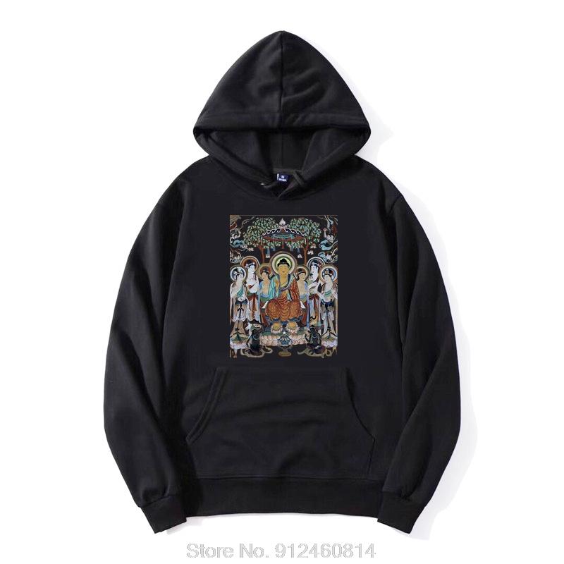Buddha Statue Graphic Painting Mogao Caves Hoodie Men Cotton Hoody Hip Hop Streetwear Harajuku Jacket Zip Up Hoodie Sweatshirt