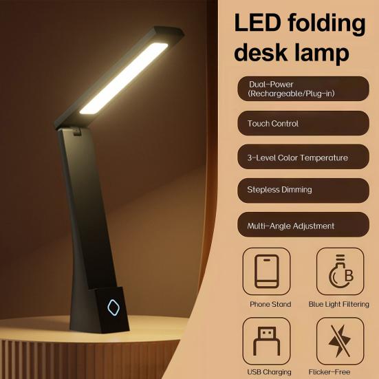 LED Desk Lamp Touch Control Foldable Table Lamp 3 Color Stepless Dimmable Bedside Light for Living Room Dorm Home Office