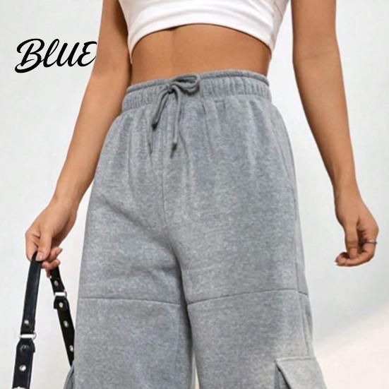 Loose Leg Trousers Women Cargo Pants Elastic High Waist Adjustable Drawstring Long Wide-leg with Multi Pockets Wide Design Solid Color Casual