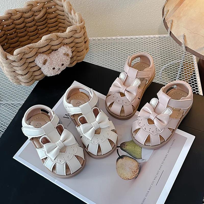 Fashion 2025 Children Fashion Sandals for Girls Summer New Korean Style Bowtie Soft Bottom Anti-slippery Versatile Baby Walk Beach Shoes