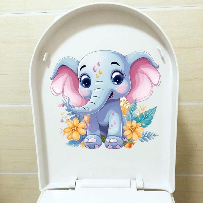 Beautiful Colored Baby Elephant Toilet Seat Stickers Self-adhesive Animal Stickers Toilet Bathroom Decoration Water-proof Decal