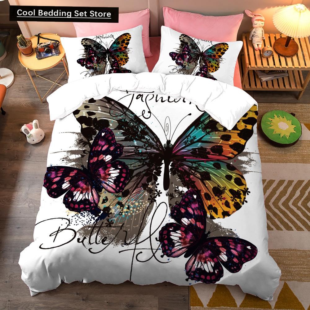 Colorful Beautiful Butterfly Bedding Set Flying Animal Duvet Cover Set Pillowcase Soft Polyester Comforter Set for Women Girls