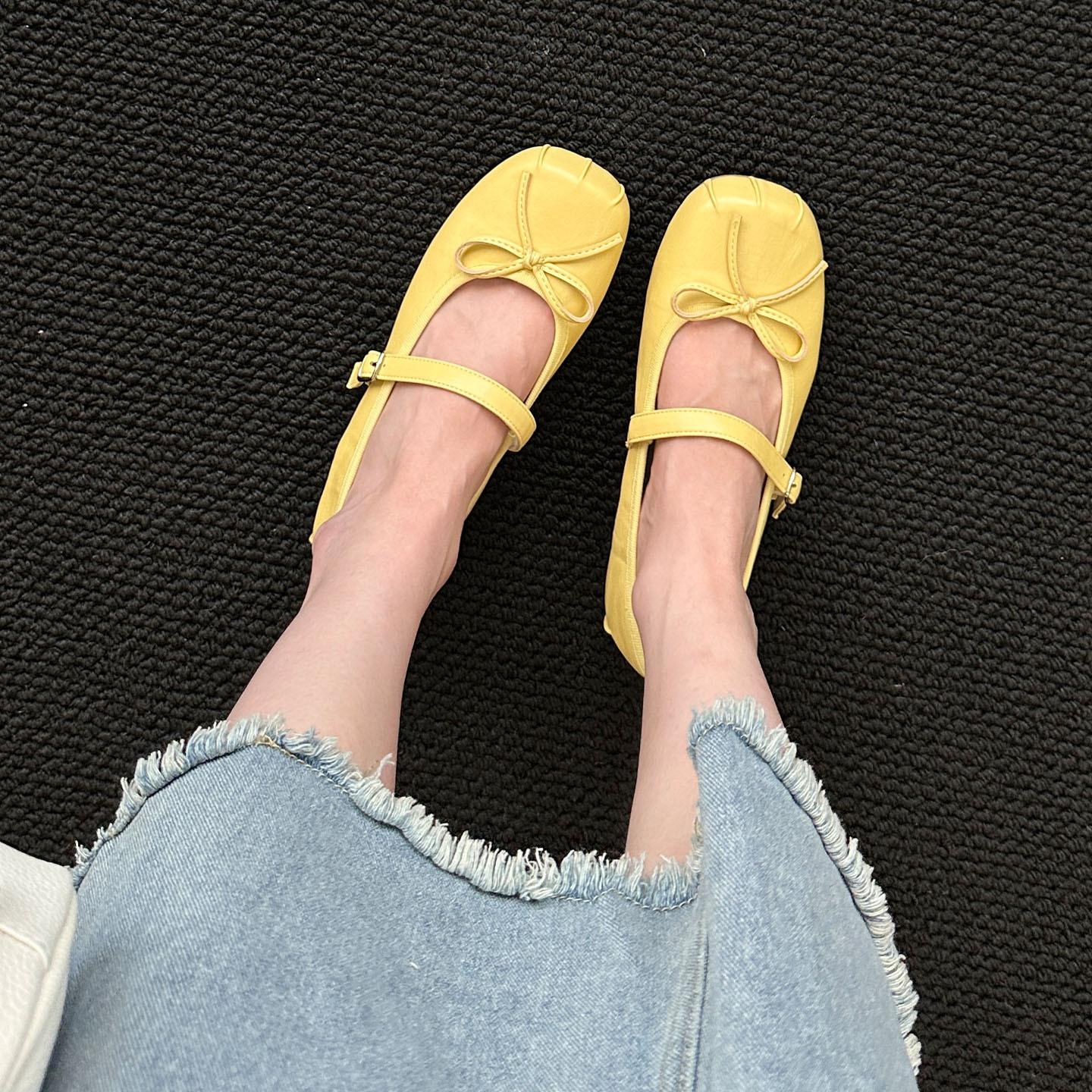 

Hong Kong Magazine Same Style~ New Bow Leather Shallow Mouth Mary Jane Shoes with Skirt Grandma Shoes Women s Ballet Shoes 35 жёлтый