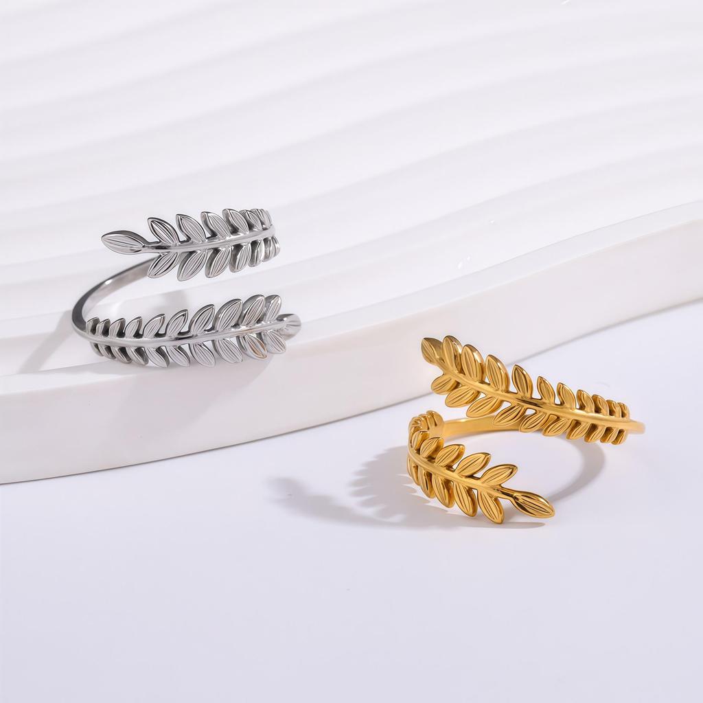 Anel Ajustável Moda Europeu-Americano Galho Folha Aço Inoxidável, Anel de Dedo Feminino Aço Titânio Banhado a Ouro 18K