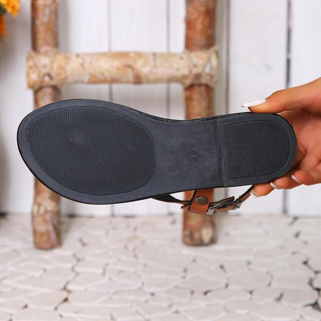 In-Stock 2025 Summer Women's Plus Size Flat Roman Toe Post Sandals - European & American Style Beach Shoes