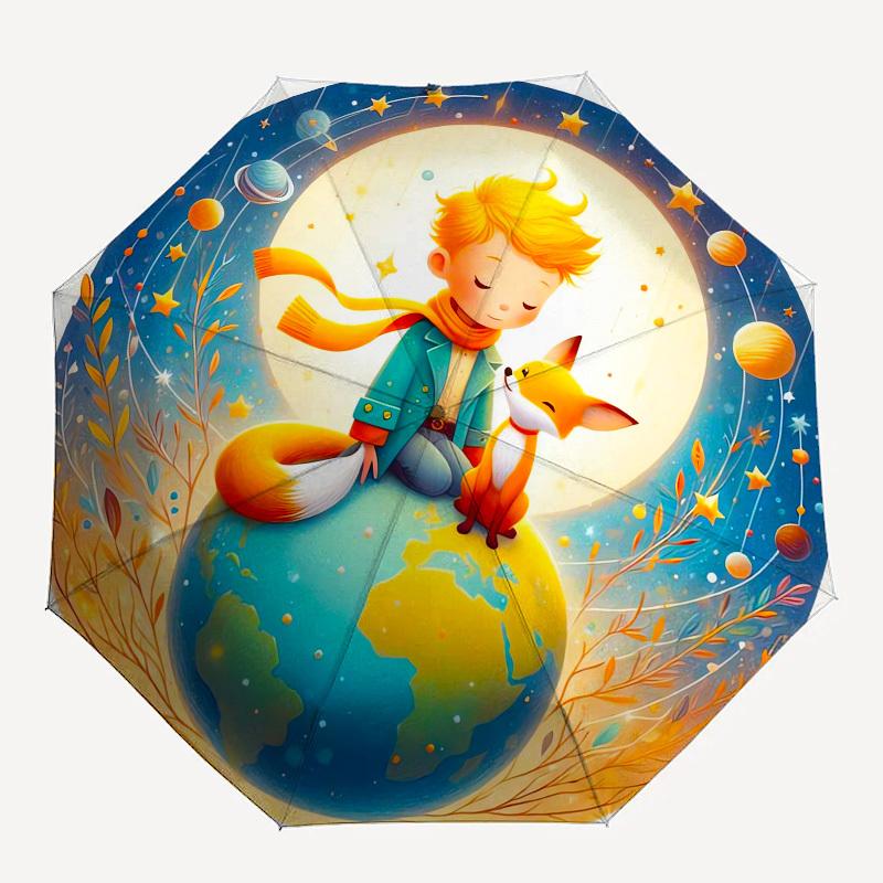 1pc Boy and Fox on Earth with Stars Umbrella with Plastic Handle,Suitable for All Seasons Home Travel Outdoor UmbrellaM960