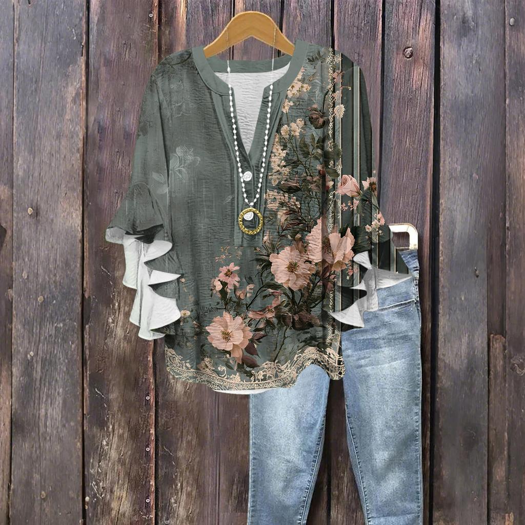Tops For Women Cute Button V Neck 3/4 Sleeve Blouses Print Top Casual Shirts