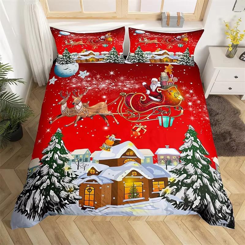 Kreslený Zimní Dům Povlak na Peřinu Roztomilé Zvíře Jelen Santa Claus Ložní Soupravy Vánoční Téma Rustikální Farmářský Styl Přikrývka
