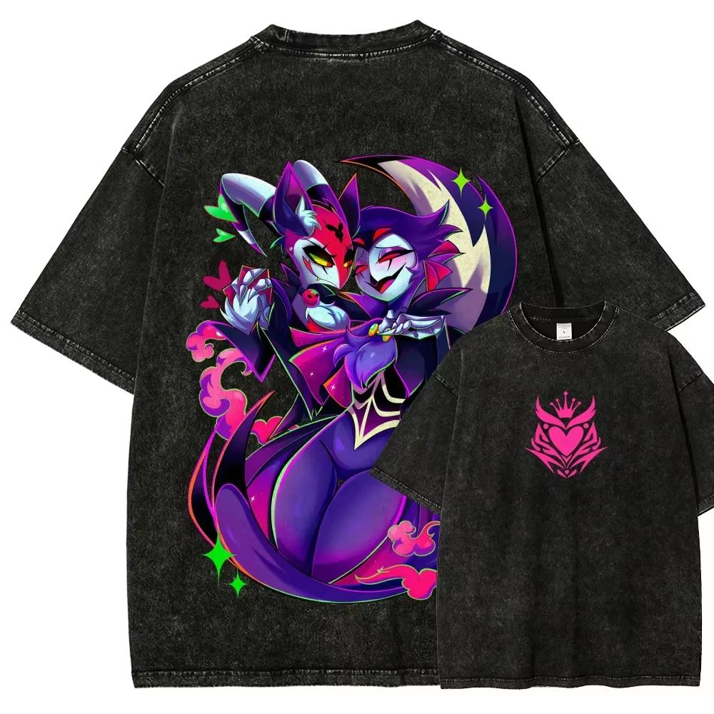 Helluva Boss Stolas Goetia Vintage Washed Cotton Unisex 2026 Summer Loose Street Style Anime Short Sleeve Loose Streetwear Pop Rock Concert T-Shirt