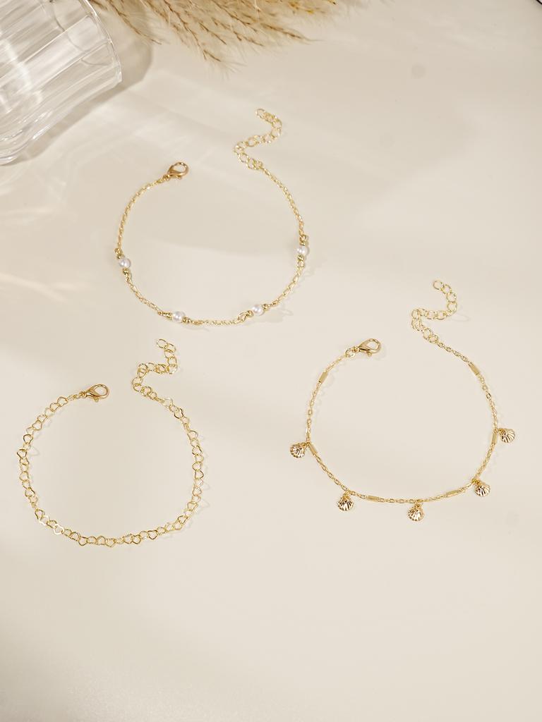 3pcs Elegant Faux Pearl & Shell Decor Heart Chain Anklet, Multi-Layer Anklet Suitable For Women Beach Holiday, Party Wear