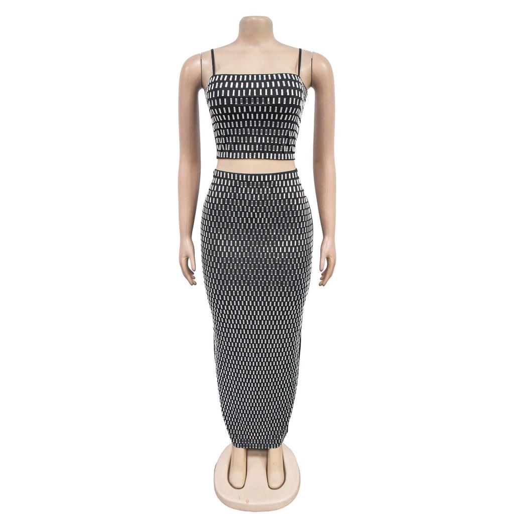 C7196 European and American Fashion Women's Sleeveless Spaghetti Strap Hot Drilling Long Dress Two-Piece Set