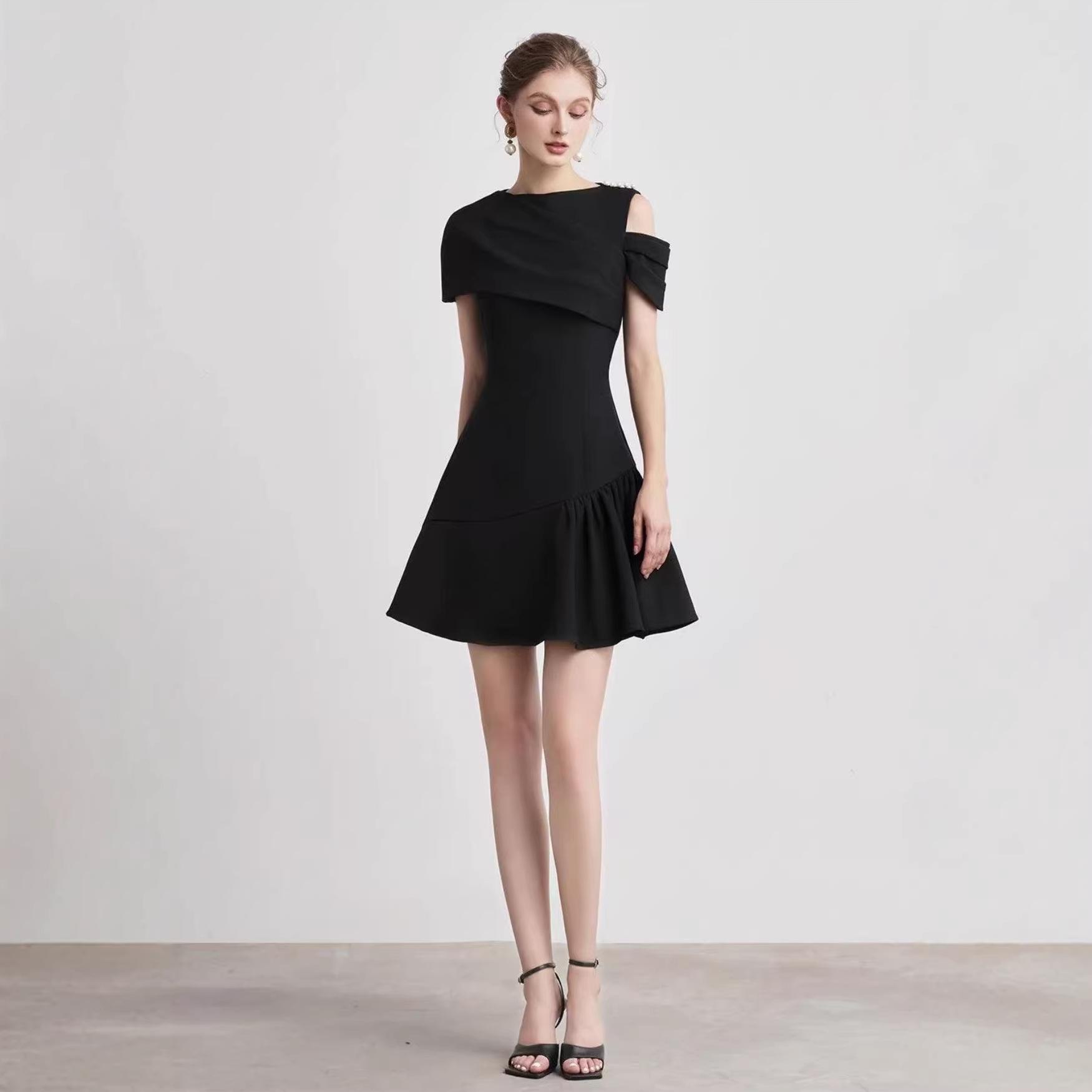 European and American summer new solid color round neck bud short sleeve elegant temperament short dress women s clothing S