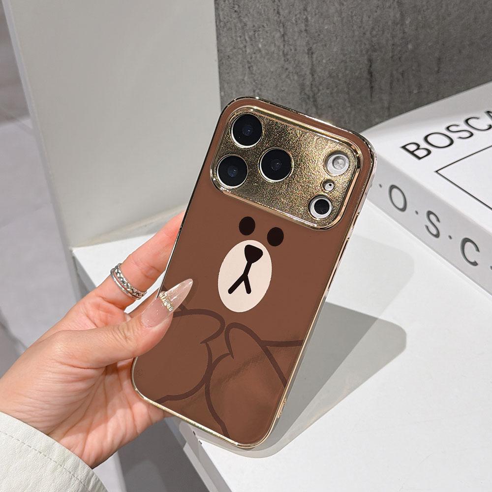 

Lucky Start Phone Case For iPhone 17 16 15 14 13 12 11 Pro Max 16E Gold Electroplated glass shell Cute Brown Bear Face Cover IPHONE11PRO
