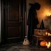 Interactive Halloween Window Display Electric Broom Toy, with Touch Activated Swinging Prop, Retro Realistic Silk Witch Straw Broom, for Party