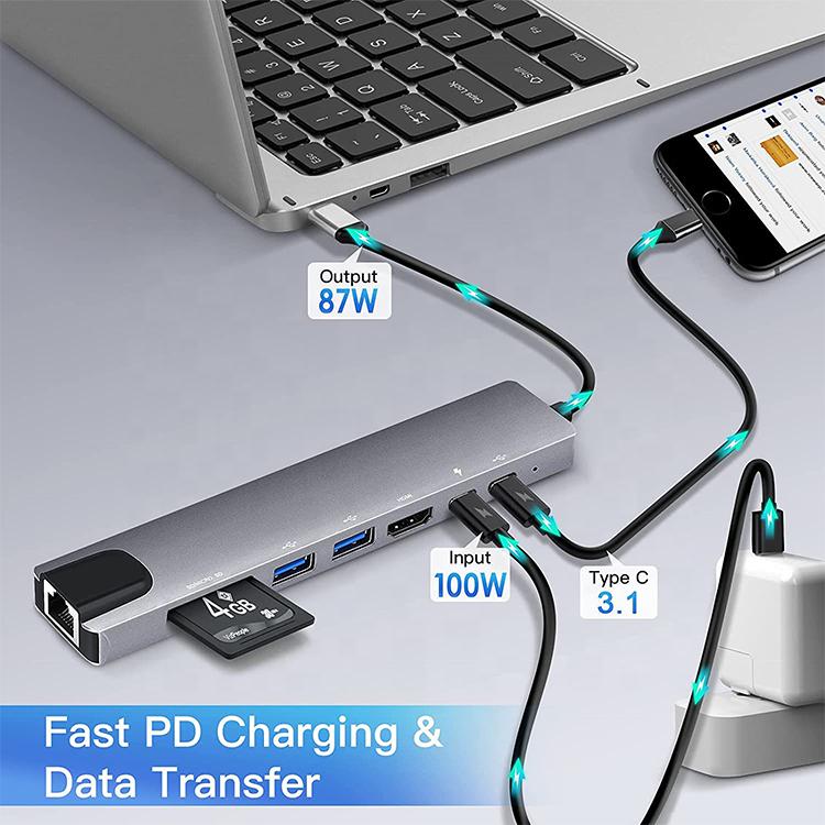 8 in 1 3.0 Ethernet Connector Type c Type-C Adapter Type Rj45 Usb C Hub