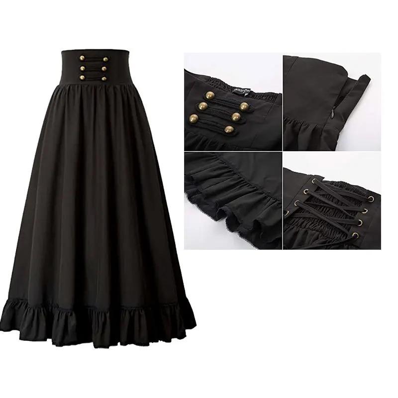 Gonna Lunga da Donna Medievale Vintage Estiva Vita Alta Linea ad A Vittoriana Lunga Steampunk Gotica Ruffle Pieghettata Gonna da Festa